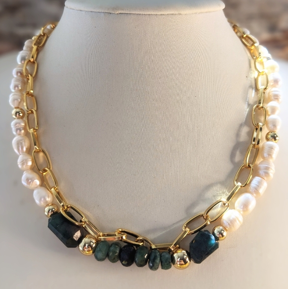 Natural Green Emerald & Freshwater Pearls In Paperclip Necklace And Bracelet - Picture 2 of 11